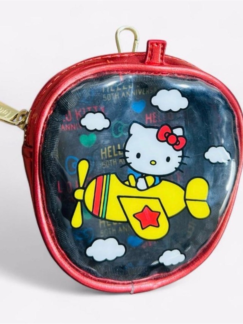 Hello Kitty Loungefly Metallic Red Coin Purse with Yellow Airplane Graphic